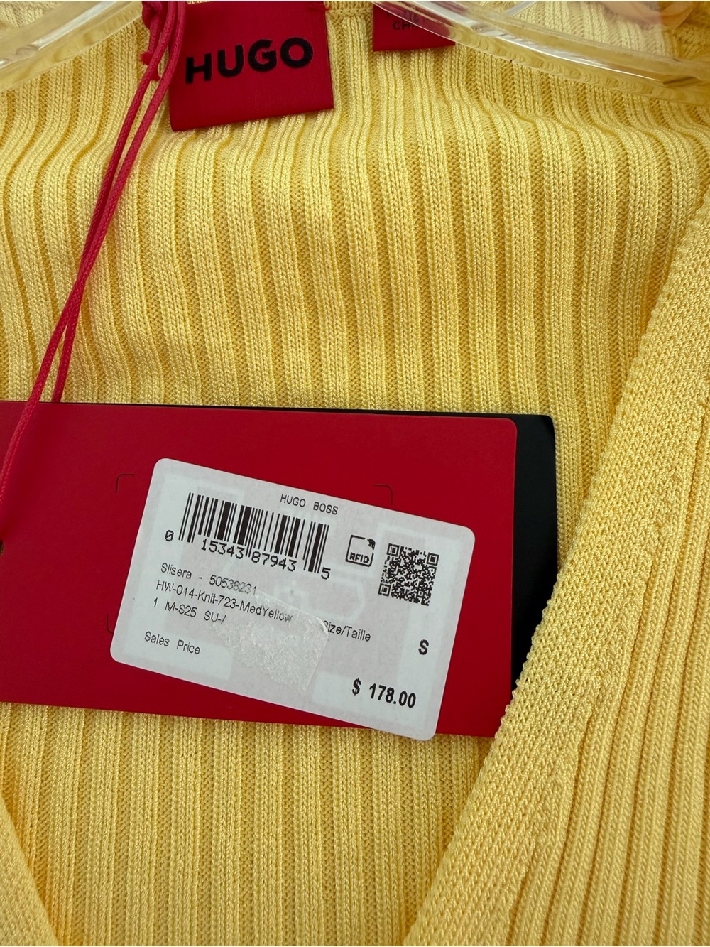 HUGO Yellow Ribbed V-Neck Drawstring Top - Picture 4 of 8